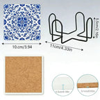 Ceramic Tile Set Glazed Blue & White Floral Vine