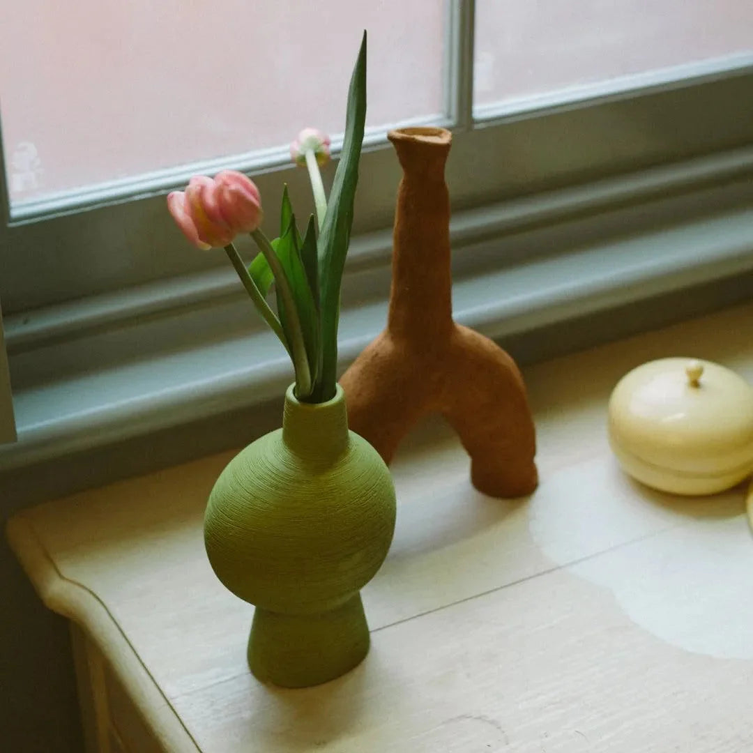 Ceramic Vase Sculptural Handcrafted Green Finish