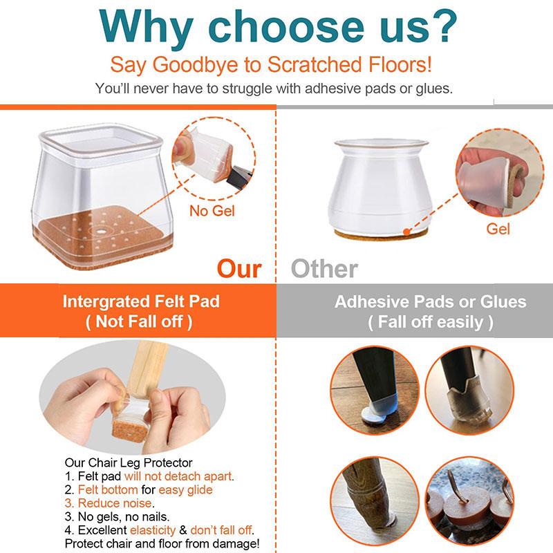 Chair Leg Caps High-Stretch Clear Silicone & Felt Pads