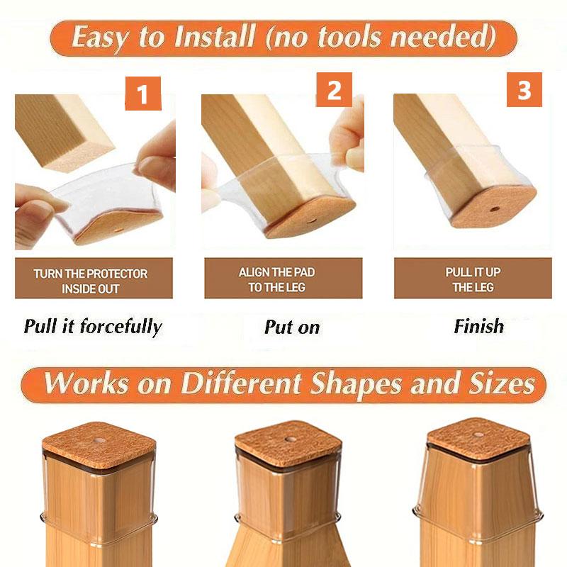 Chair Leg Caps High-Stretch Clear Silicone & Felt Pads