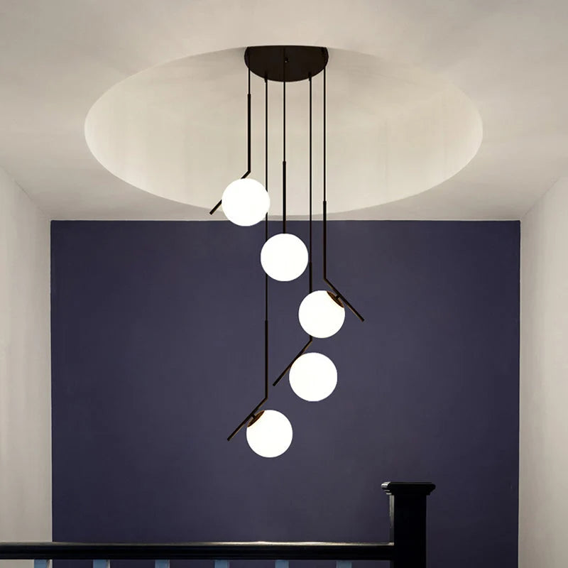 Chandelier Glass Globe Multi-Light Black Metal Adjustable Height