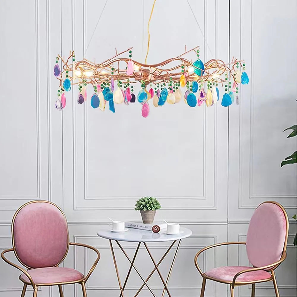 Chandelier Hand-Cut Agate Rose Gold Frame Dimmable G4 Compatible
