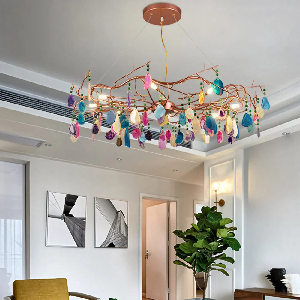 Chandelier Hand-Cut Agate Rose Gold Frame Dimmable G4 Compatible