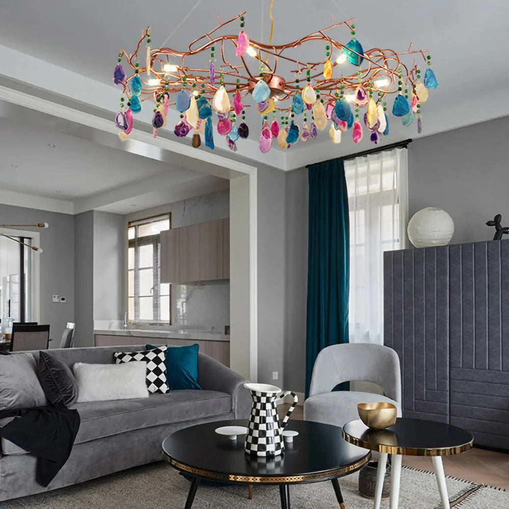 Chandelier Hand-Cut Agate Rose Gold Frame Dimmable G4 Compatible