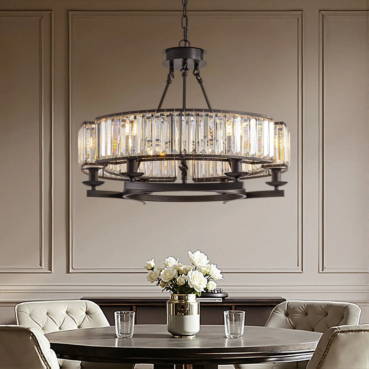 Chandelier Round Rustic Matte Black & K9 Crystal