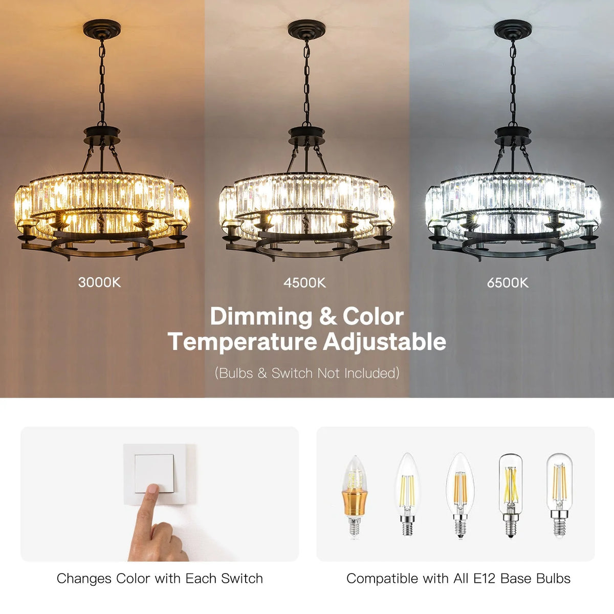 Chandelier Round Rustic Matte Black & K9 Crystal