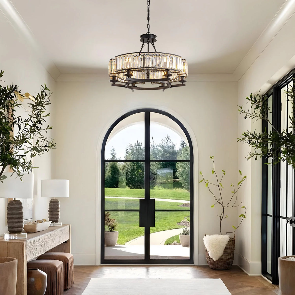 Chandelier Round Rustic Matte Black & K9 Crystal