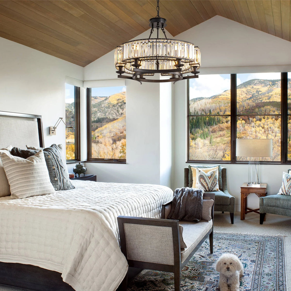 Chandelier Round Rustic Matte Black & K9 Crystal