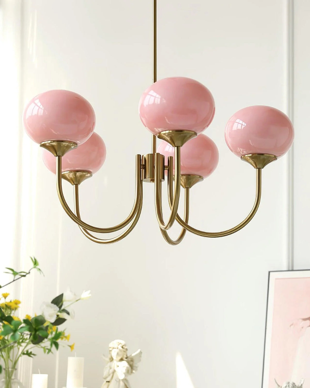 Chandelier Spherical Glass Shades Polished Metal Adjustable Rods