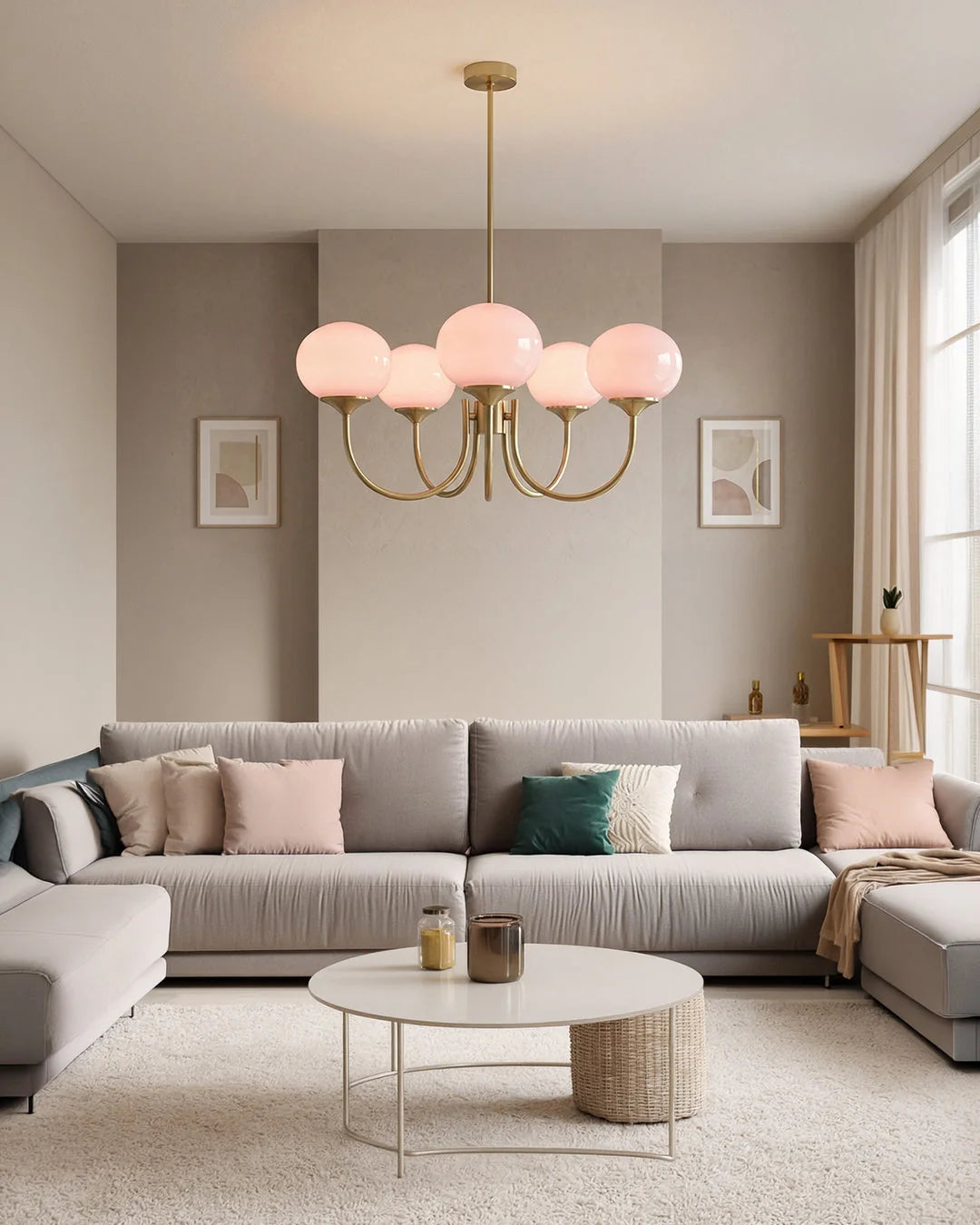 Chandelier Spherical Glass Shades Polished Metal Adjustable Rods