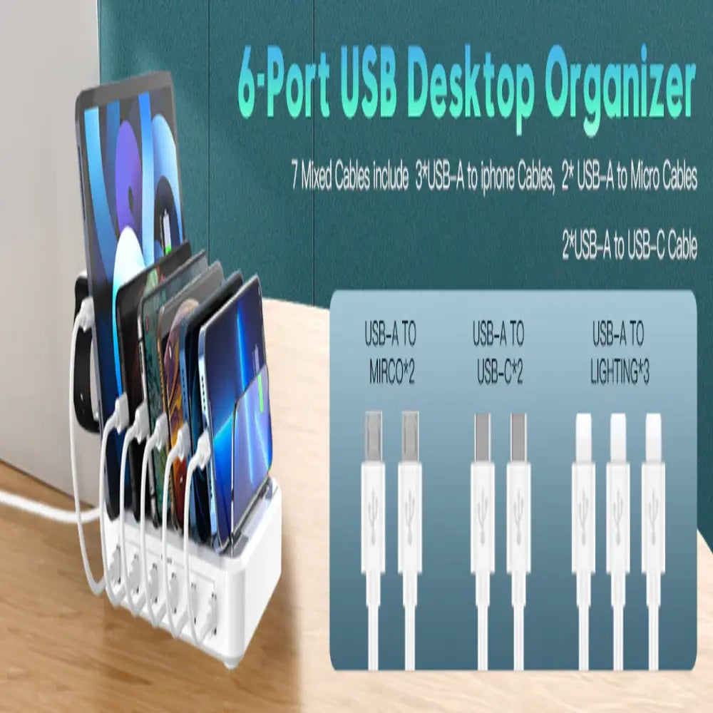 Charging Station 6-Port Fast Charging Adjustable Dividers & Holders