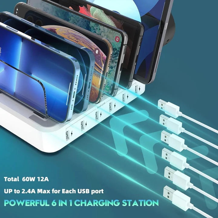 Charging Station 6-Port Fast Charging Adjustable Dividers & Holders