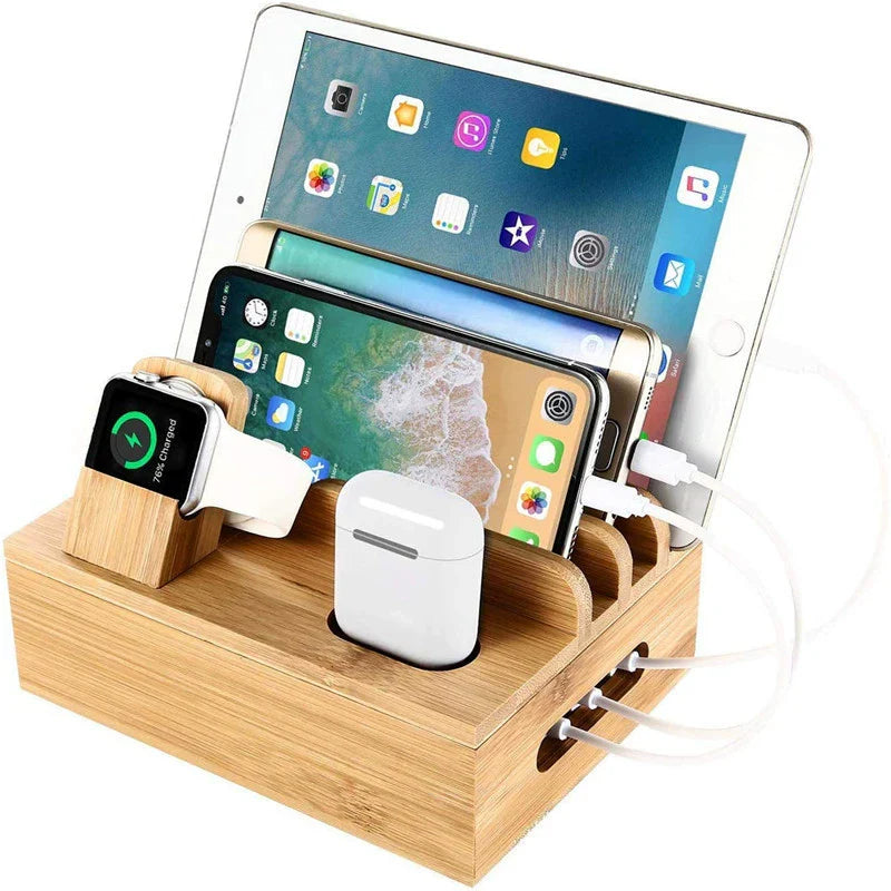 Charging Station Bamboo 5-Port USB Watch & Earbud Holders