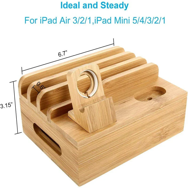 Charging Station Bamboo 5-Port USB Watch & Earbud Holders