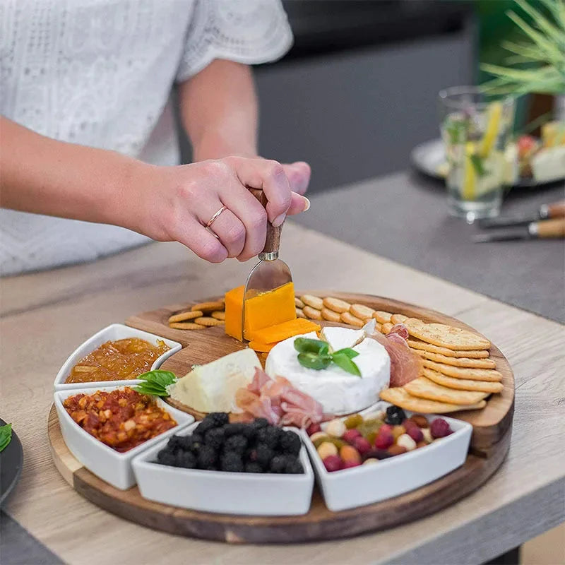 Cheese Board Set Acacia Wood Ceramic Bowls & Knives