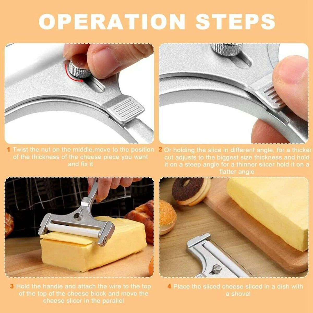 Cheese Slicer Adjustable Thickness Steel Frame & Replaceable Wire