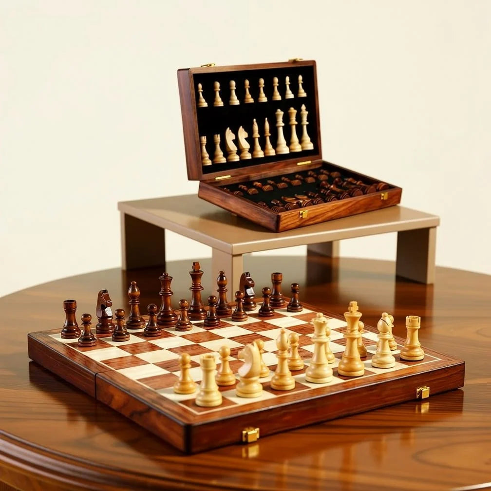 Chess Set Foldable Solid Wood With Storage