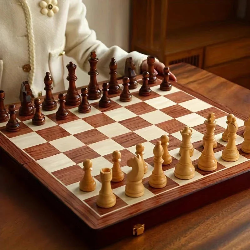 Chess Set Solid Wood Foldable Includes Extra Queens