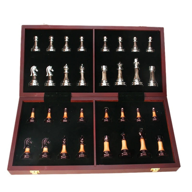 Chess Set Weighted Metal Pieces 16.5 Inch Wooden Board