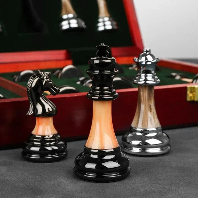 Chess Set Weighted Metal Pieces 16.5 Inch Wooden Board