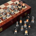 Chess Set Weighted Metal Pieces 16.5 Inch Wooden Board