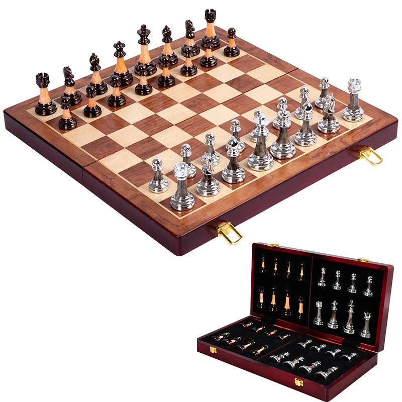 Chess Set Weighted Metal Pieces 16.5 Inch Wooden Board