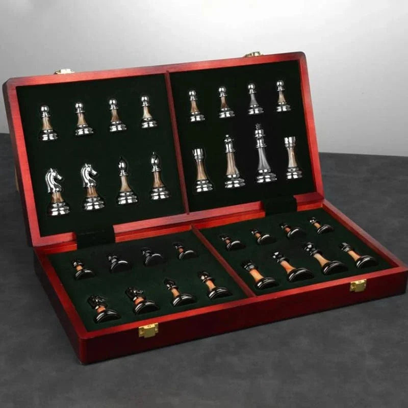 Chess Set Weighted Zinc Alloy Pieces & Foldable Wood Board