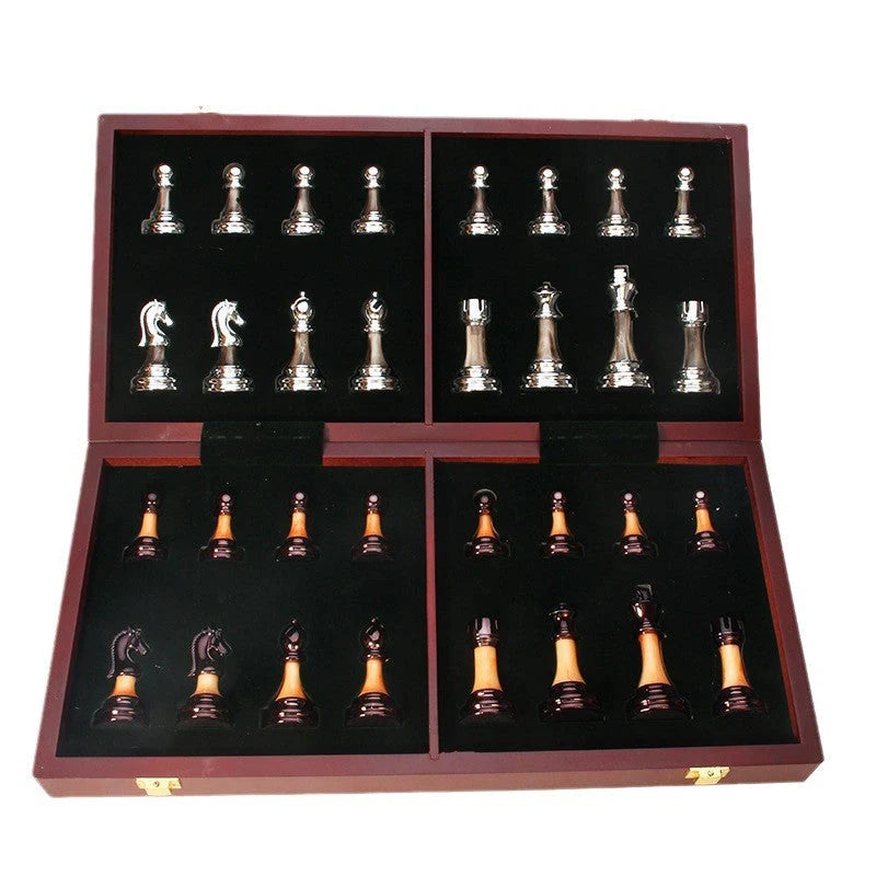 Chess Set Weighted Zinc Alloy Pieces & Foldable Wood Board