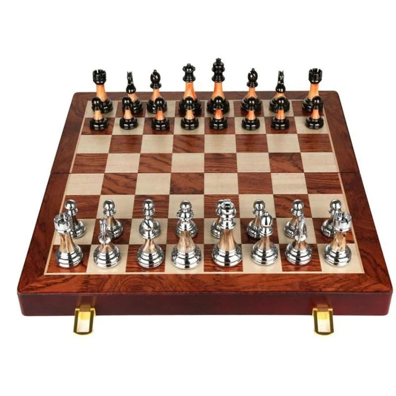 Chess Set Weighted Zinc Alloy Pieces & Foldable Wood Board