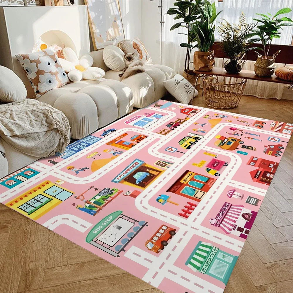Children's Play Rug City Road Design Flannel Non-Slip Backing