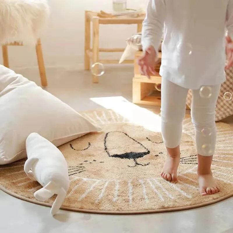 Children's Round Rug Soft Microfiber Lion Print Washable