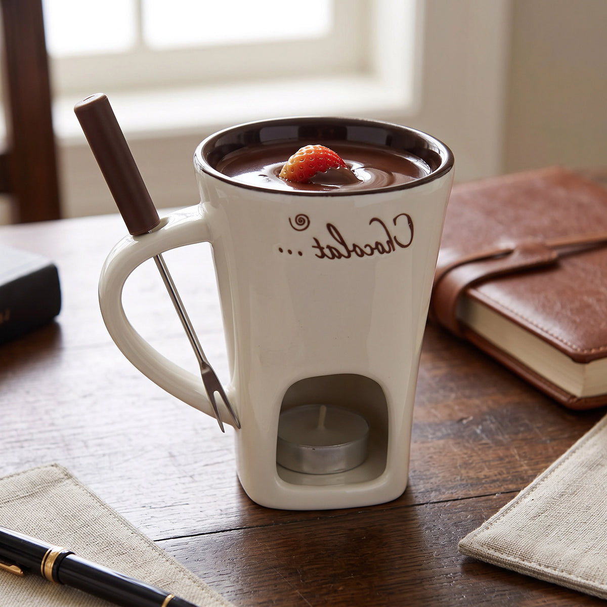 Chocolate Fondue Cup Ceramic Candle-Heated Long-Handled Stainless Steel Fork