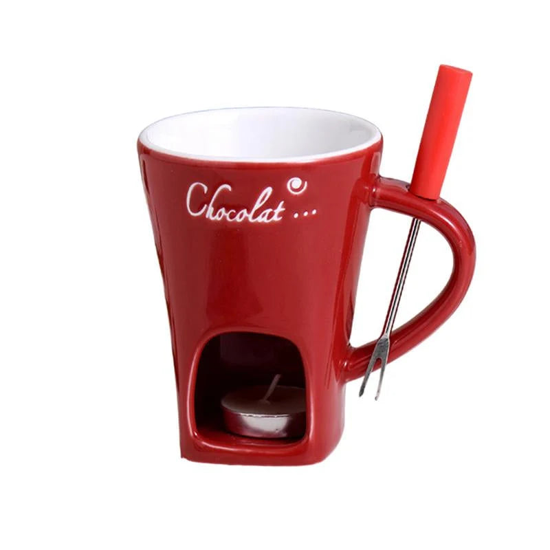 Chocolate Fondue Cup Ceramic Candle-Heated Long-Handled Stainless Steel Fork