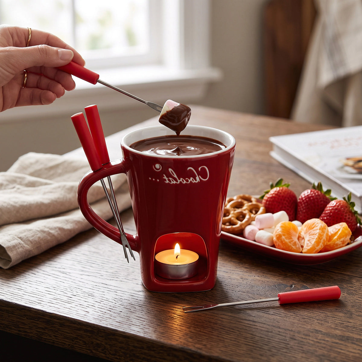 Chocolate Fondue Cup Ceramic Candle-Heated Long-Handled Stainless Steel Fork