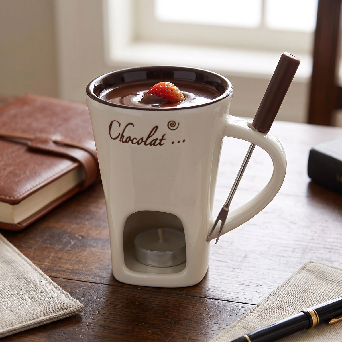 Chocolate Fondue Cup Ceramic Candle-Heated Long-Handled Stainless Steel Fork