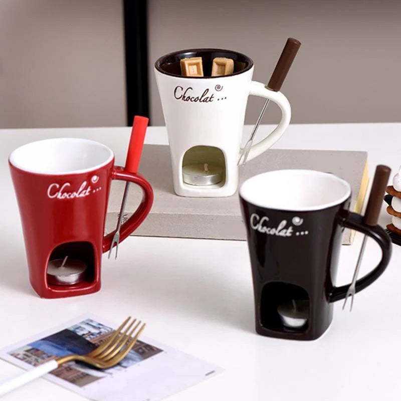 Chocolate Fondue Cup Ceramic Candle-Heated Long-Handled Stainless Steel Fork