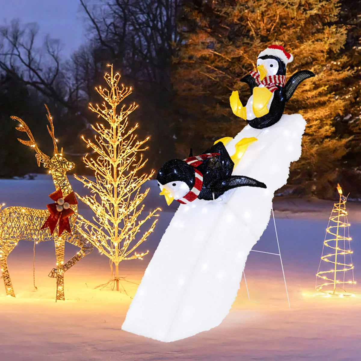 Christmas Decoration Penguin Ice Skating Scene Pre-Lit 130 LEDs
