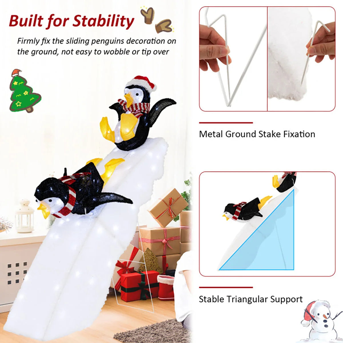 Christmas Decoration Penguin Ice Skating Scene Pre-Lit 130 LEDs
