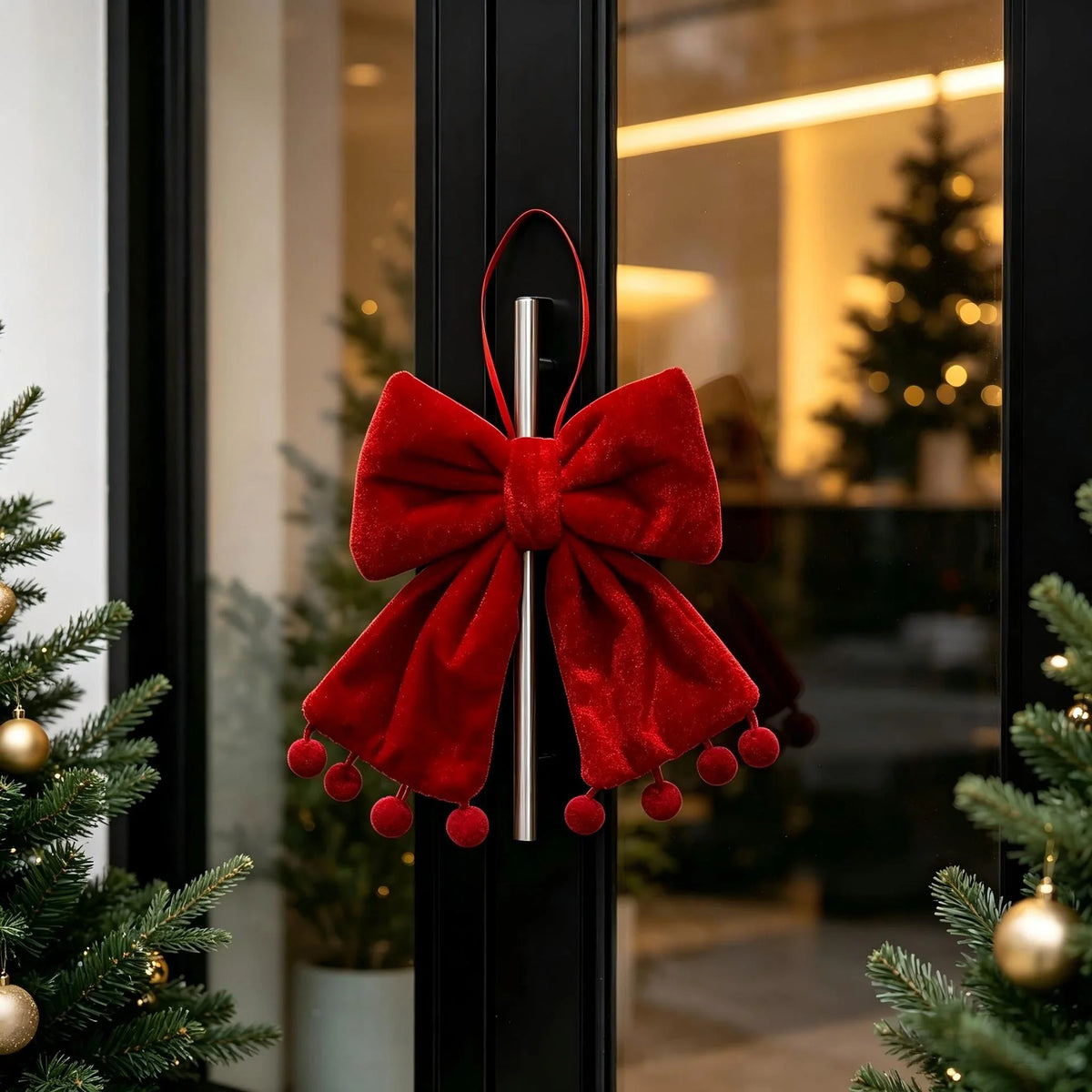 Christmas Door Hanger Velvet Tie With Pom-Poms