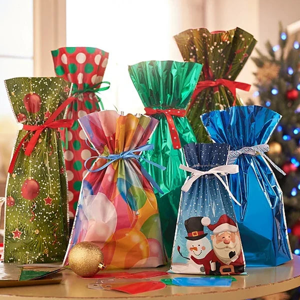 Christmas Gift Bags Laminated Tear-Resistant Drawstring Pack of 15