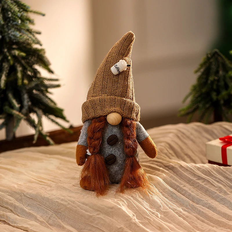 Christmas Gnome Figurine Tall Knitted Hat & Coffee Cup