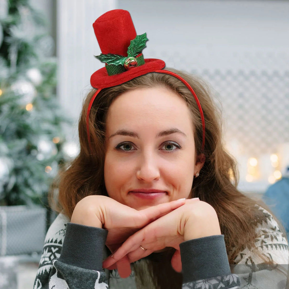 Christmas Headband Santa Hat & Plant Motif Flexible Fit