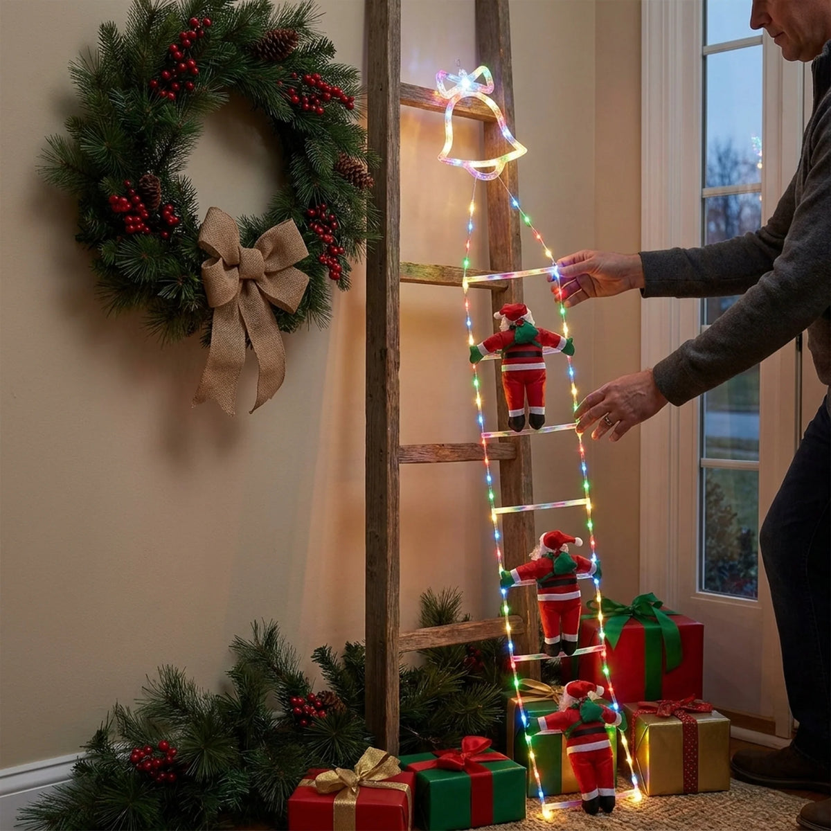 Christmas Ladder Lights Warm & Colored Bell Option