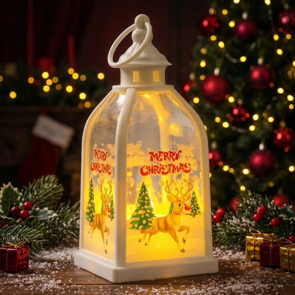 Christmas Lantern Battery-Operated LED Santa & Tree Motif