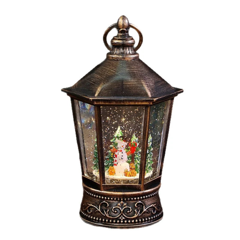 Christmas Lantern Gold Metal Santa & Snowman