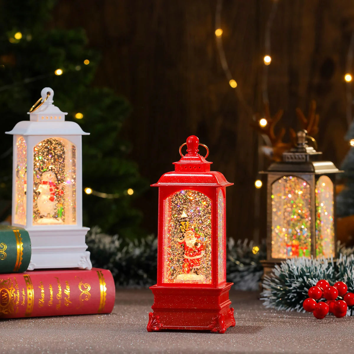 Christmas Lantern Illuminated Snow Globe Santa Scene