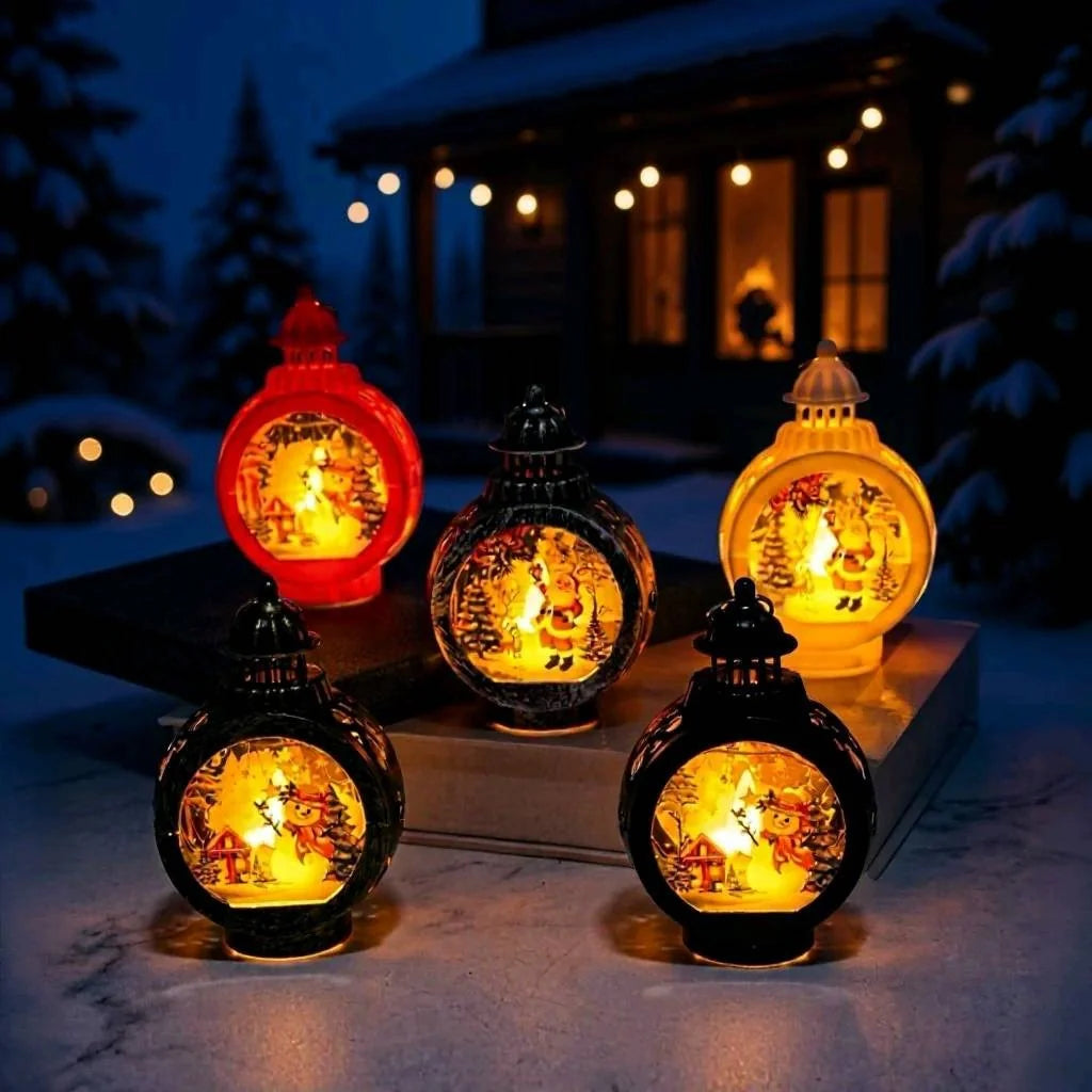 Christmas Lantern Santa Scene Metal & Glass Warm Glow