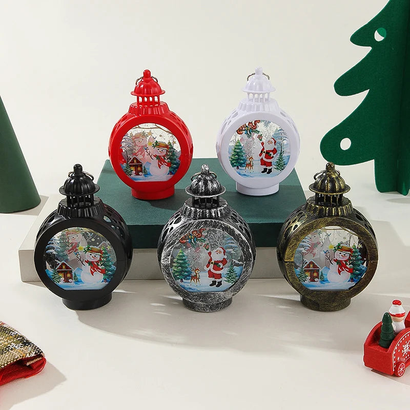 Christmas Lantern Santa Scene Metal & Glass Warm Glow
