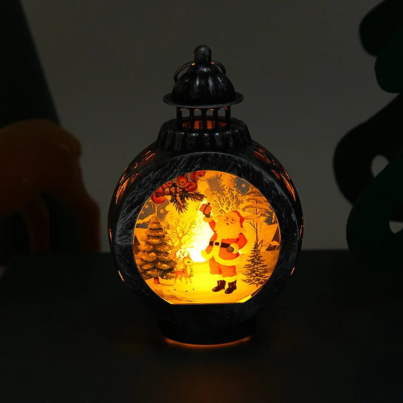 Christmas Lantern Santa Scene Metal & Glass Warm Glow
