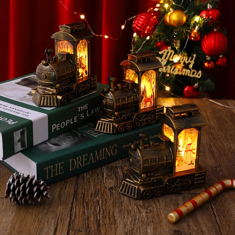 Christmas Lantern Train Scene Gold Finish Warm LED